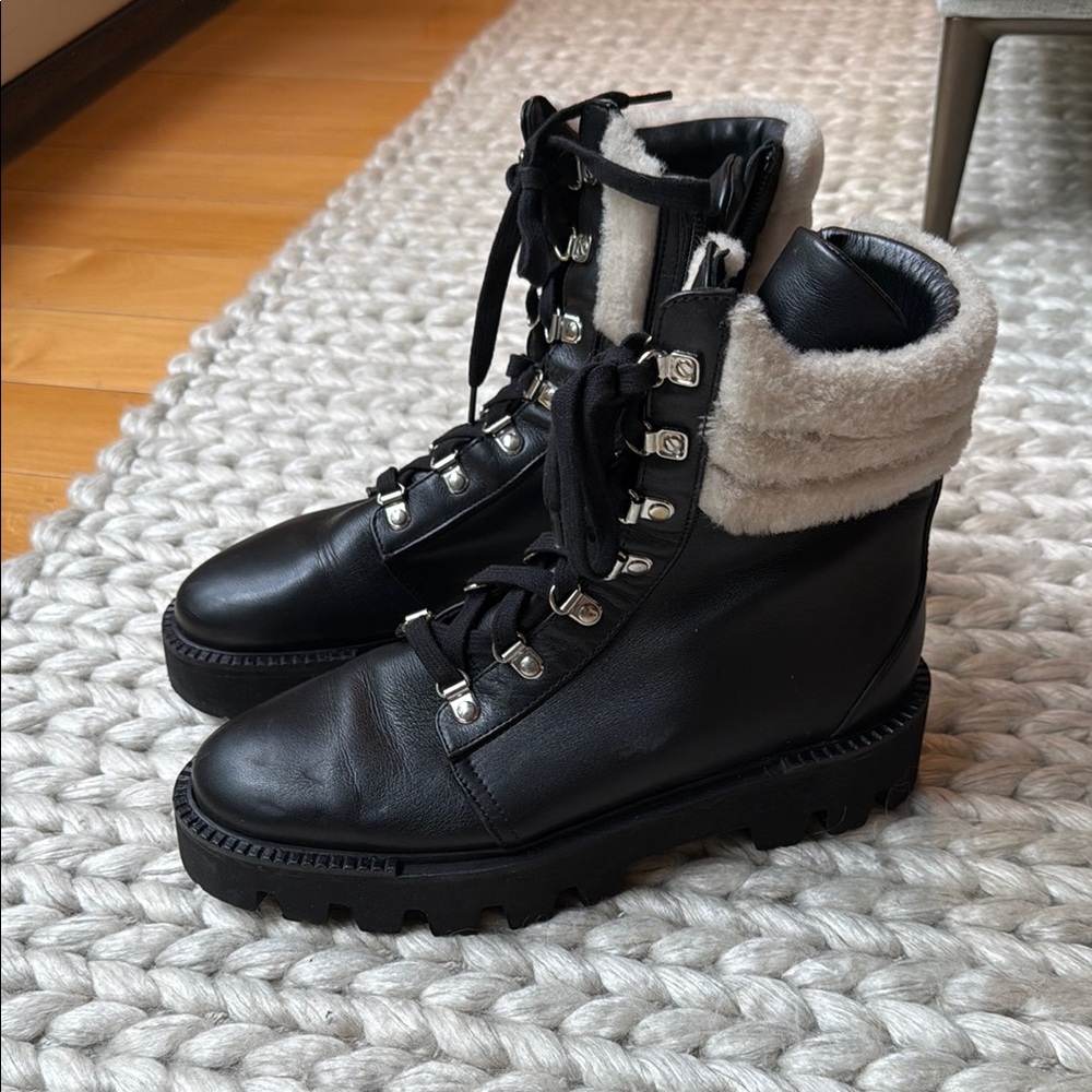 Aquatalia Alyssa Weatherproof Black and Cream Combat Boots with Shealing Cuff
